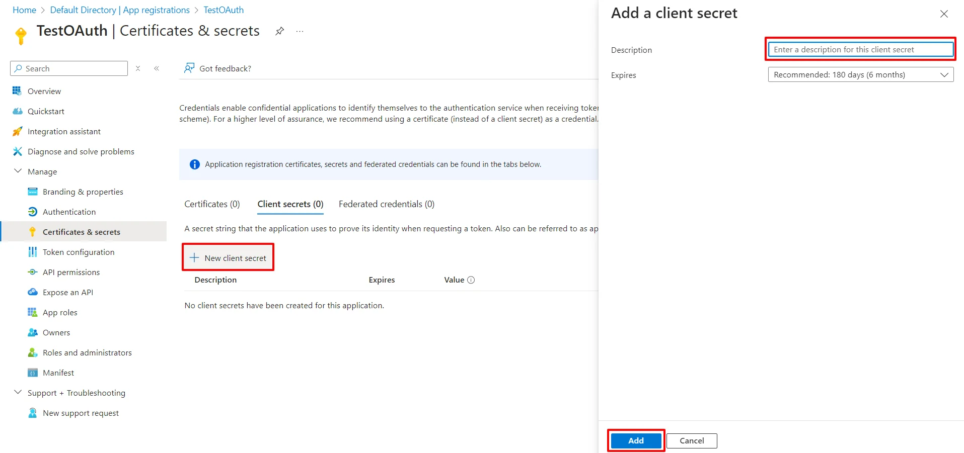 Microsoft Entra ID (Formerly Azure AD) OAuth IDP : Click New Client secret