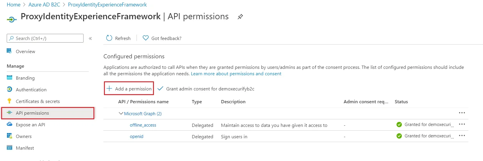 Azure B2C SSO : Navigate to API permission and select Add a permission