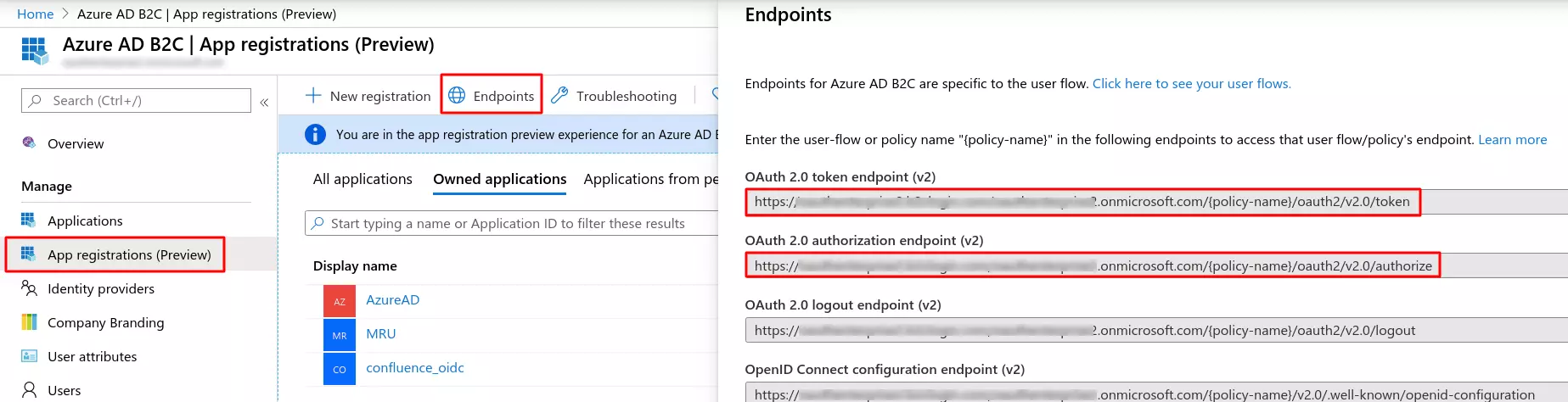 Azure B2C SSO : go to application registrations and click endpoints
