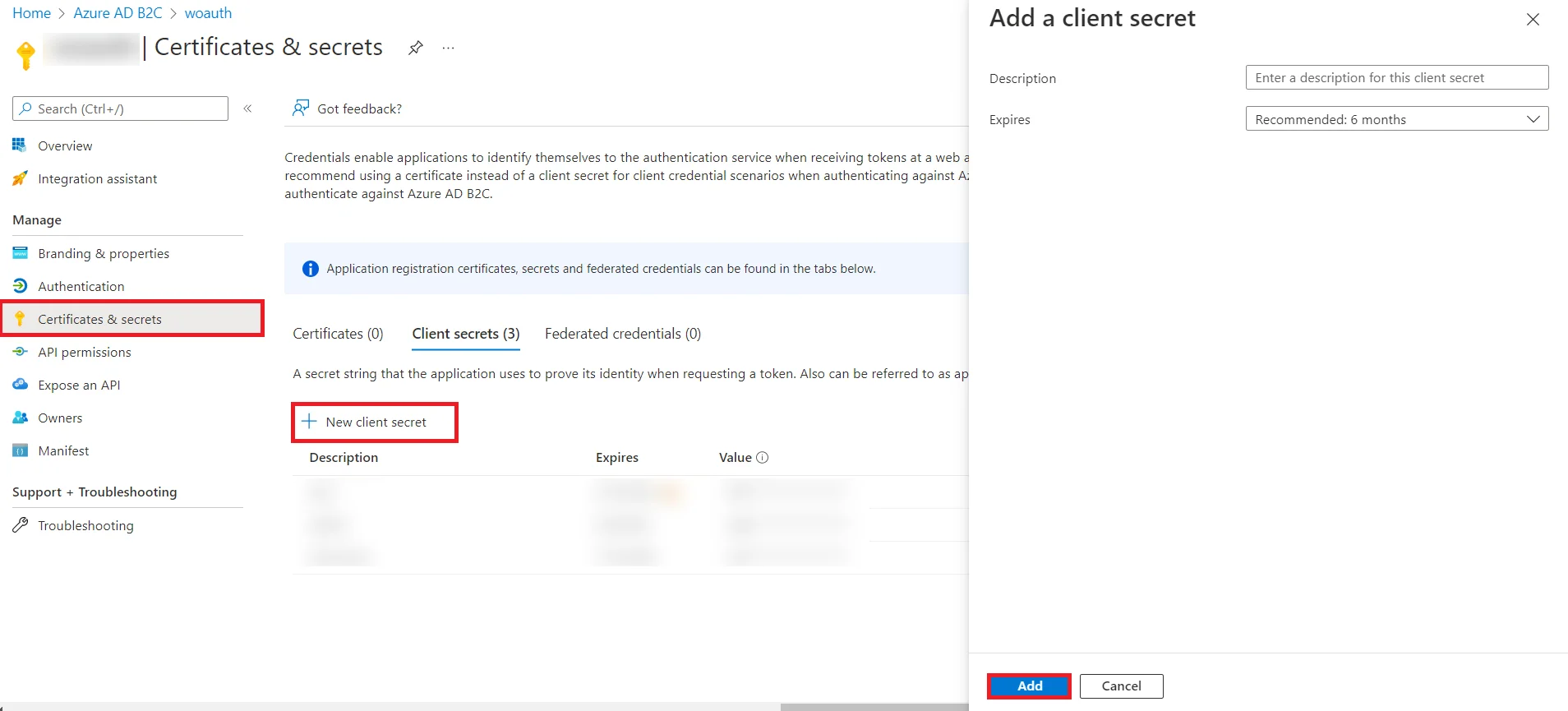 Azure B2C as IDP : Generate New Client Secret