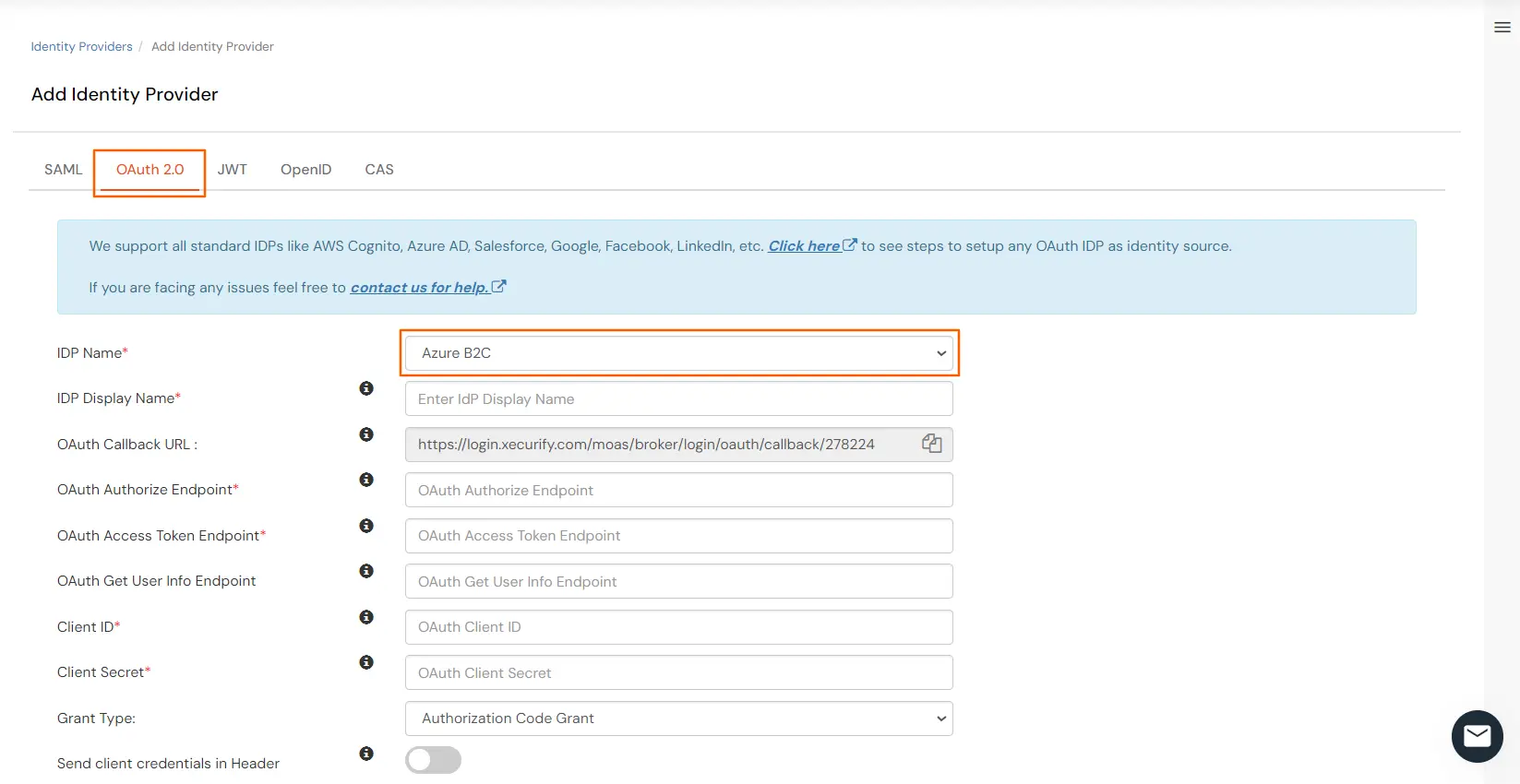 Azure B2C SSO: Click on OAuth 2.0 and select Azure B2C