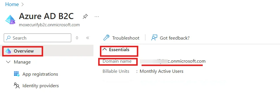 Azure B2C SSO : Under Essentials, find Domain name