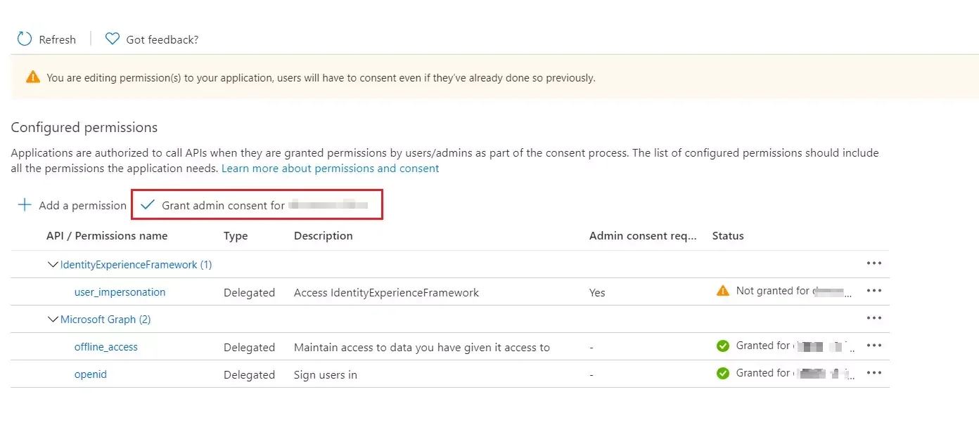 Azure B2C SSO : Grant Admin consent