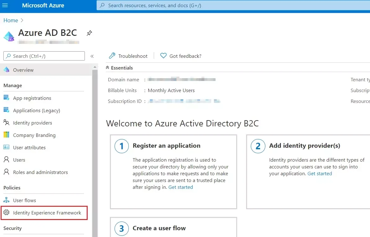 Azure B2C SSO : Select Identity Experience Framework