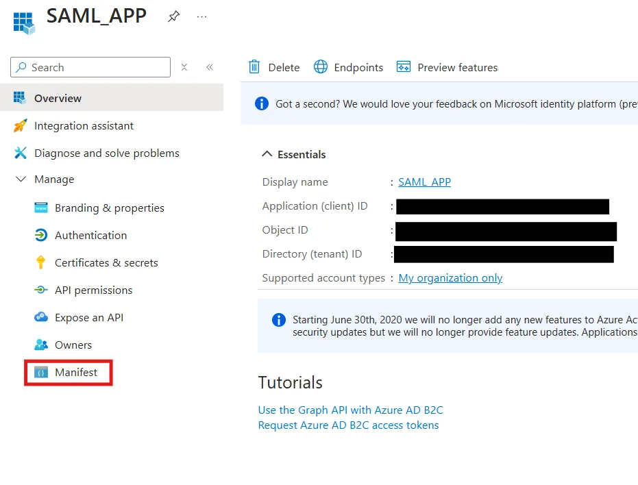 Azure B2C as IDP: Select Manifest