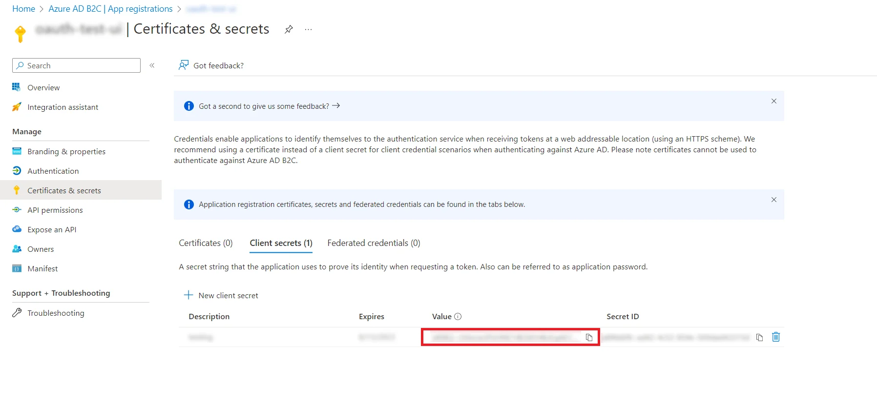 Azure B2C as IDP : Copy client secret value