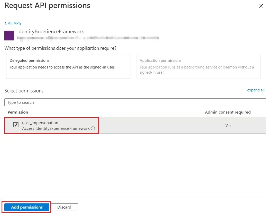 Azure B2C SSO : Permission select user-impersonation scope that define earlier