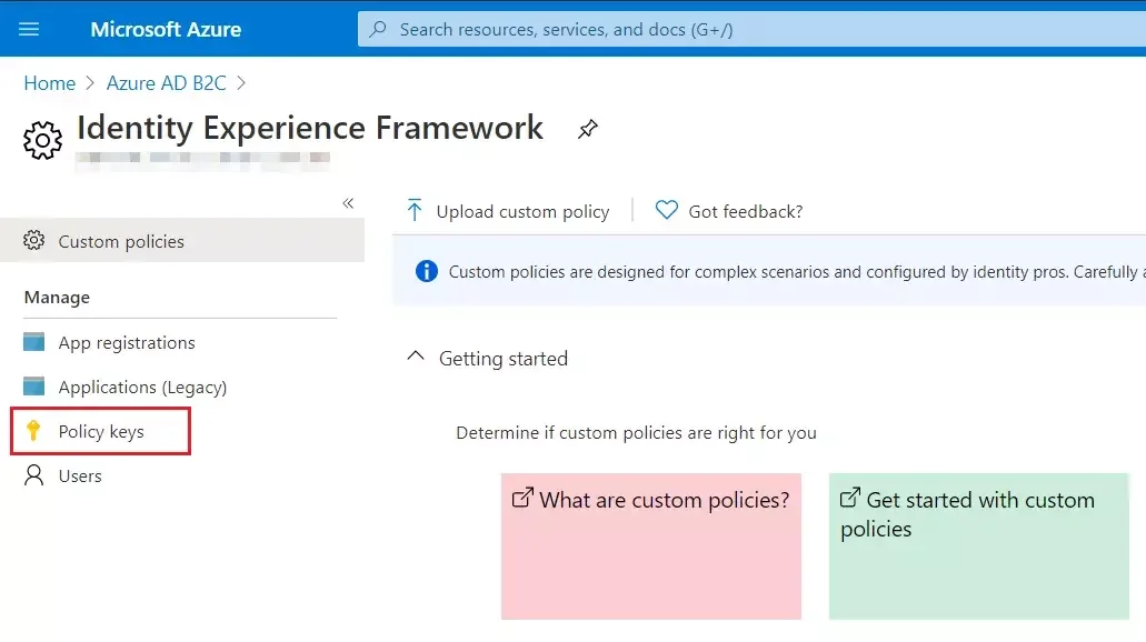 Azure B2C SSO : Select Policy Keys then click add