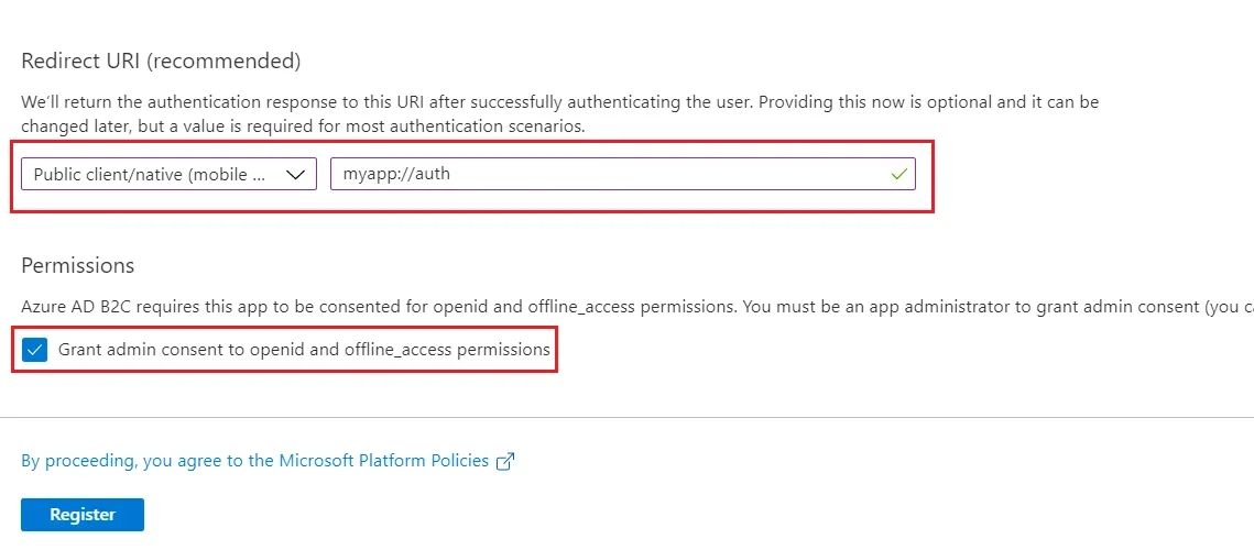 Azure B2C SSO : Redirect URIs Select Public client/native (mobile & desktop)