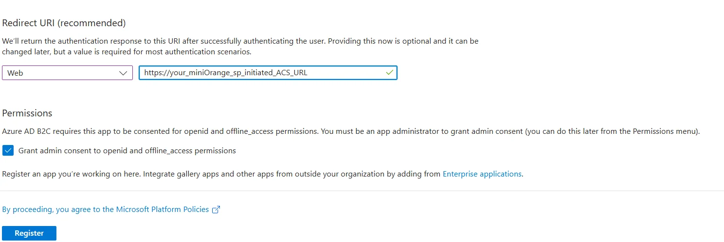 Azure B2C as IDP: Enter Redirect URI
