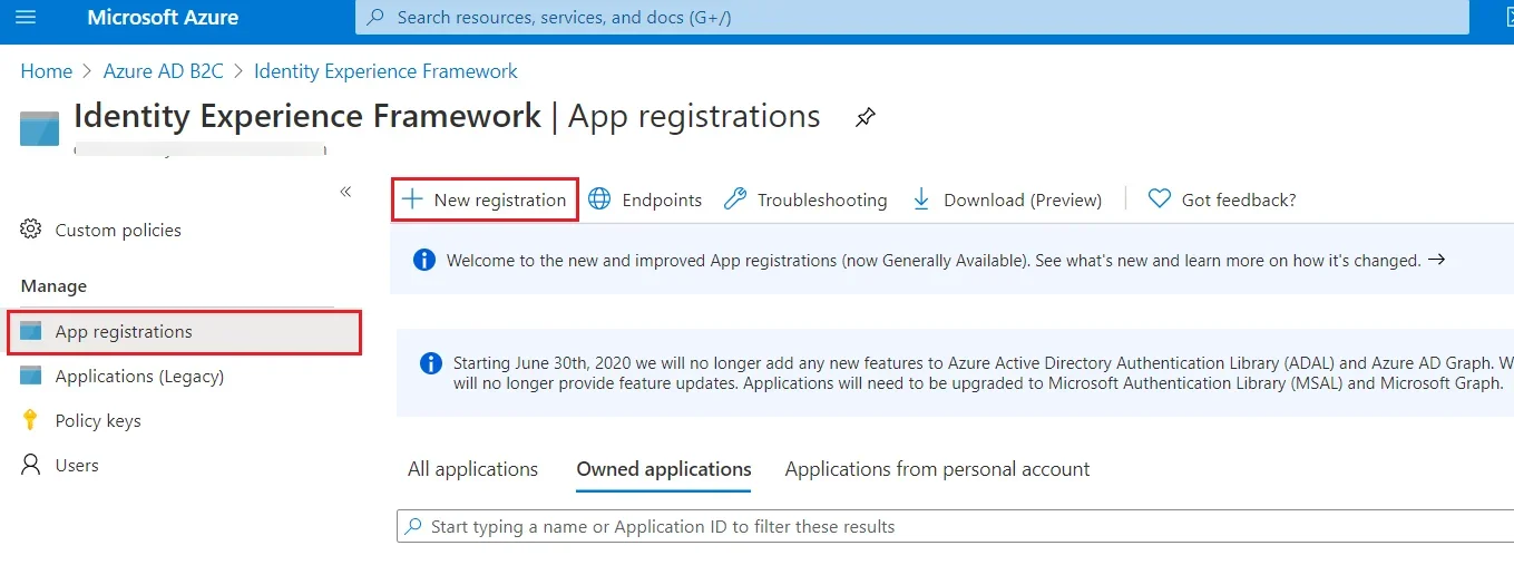 Azure B2C SSO : Go to App registration and click New registration