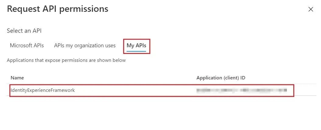 Azure B2C SSO : Request API Permissions Select My APIs