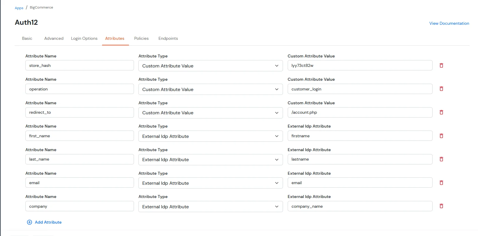 BigCommerce Single Sign-On (SSO) Navigate to Attributes settings