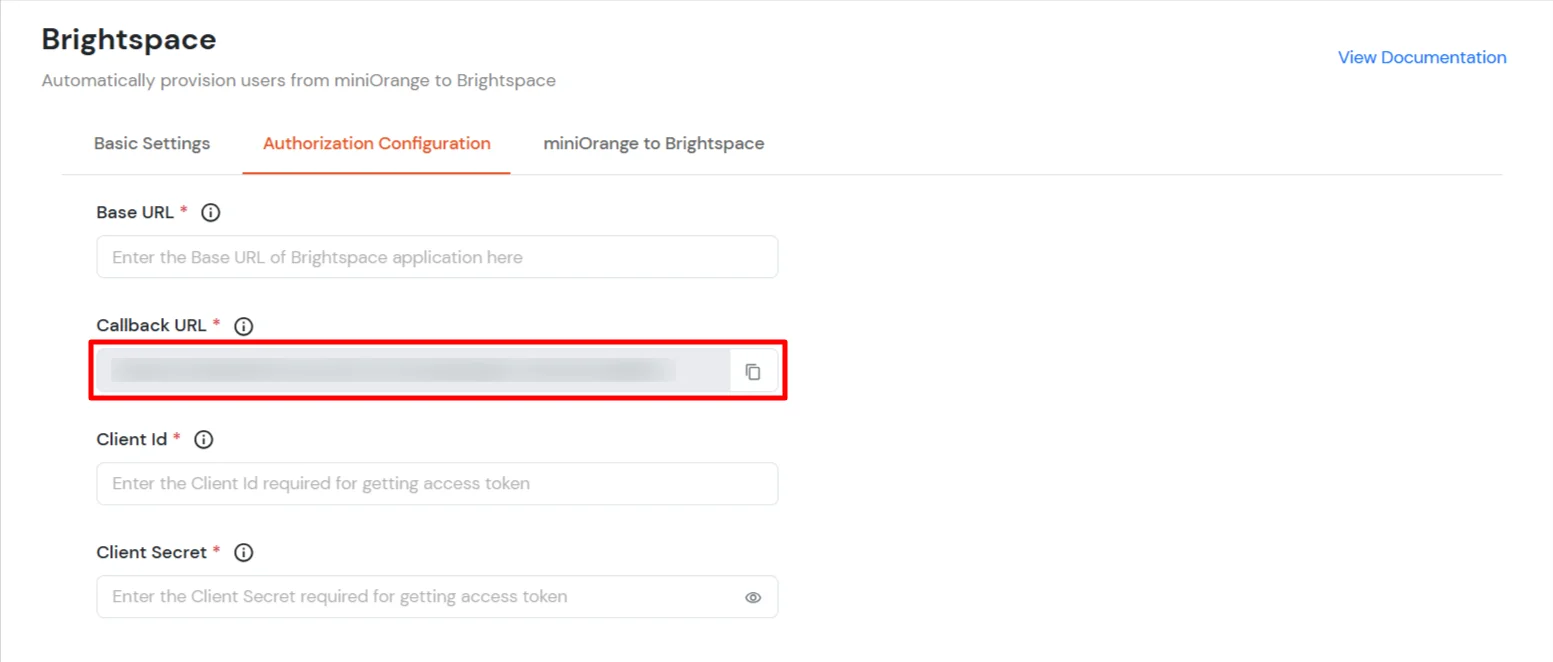 Brightspace Provisioning : miniOrange dashboard - Copy Callback URL