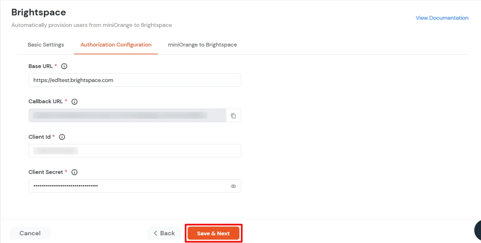 Brightspace Provisioning : miniOrange dashboard - Back to Authorization Configuration and enter the required details in given fields