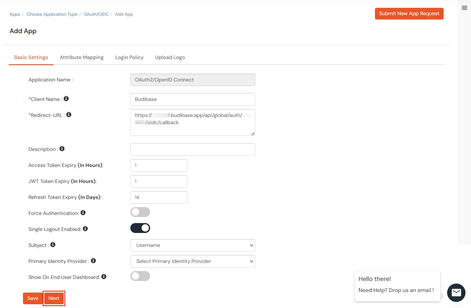Budibase Single Sign-On (SSO) - Basic Settings, enter client name and redirect url