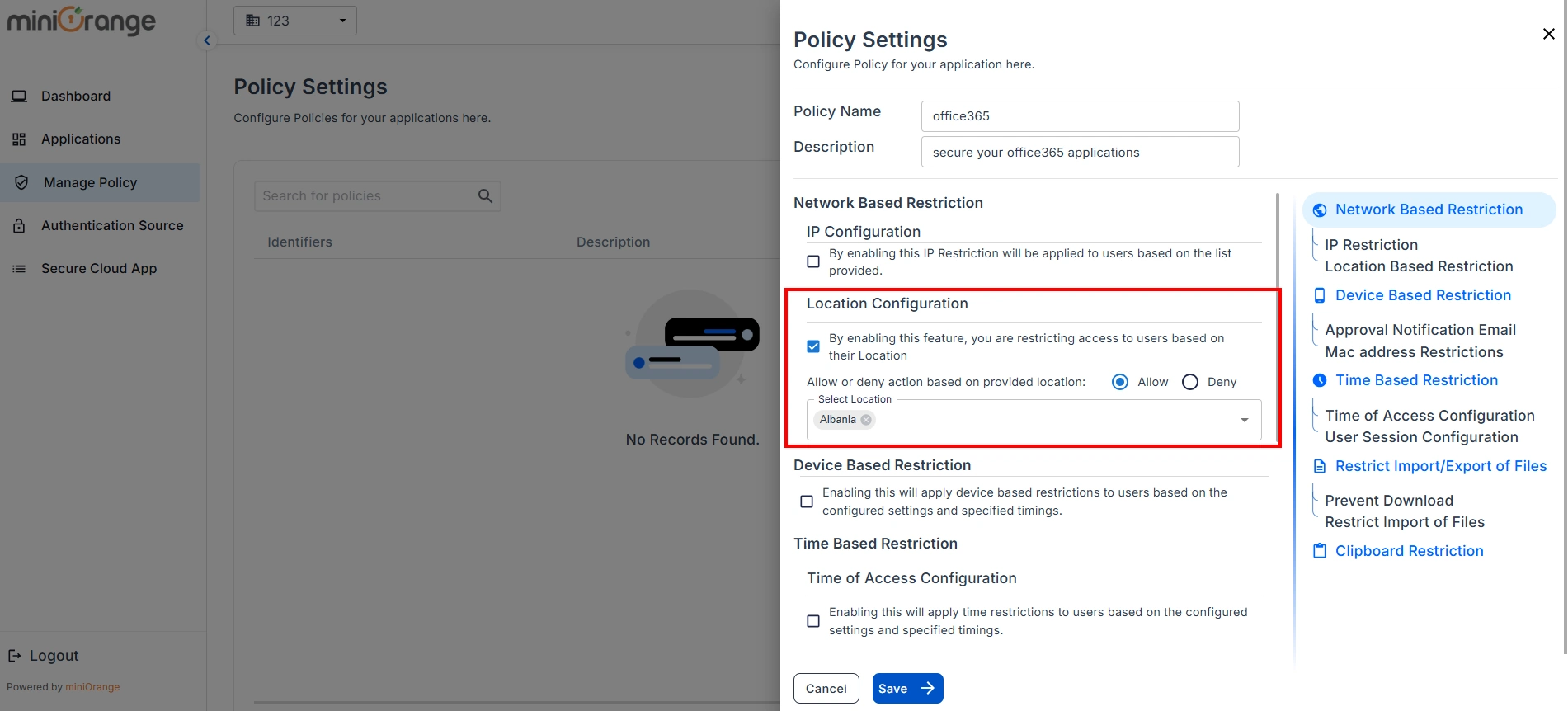 microsoft office365 CASB enable location restriction checkbox