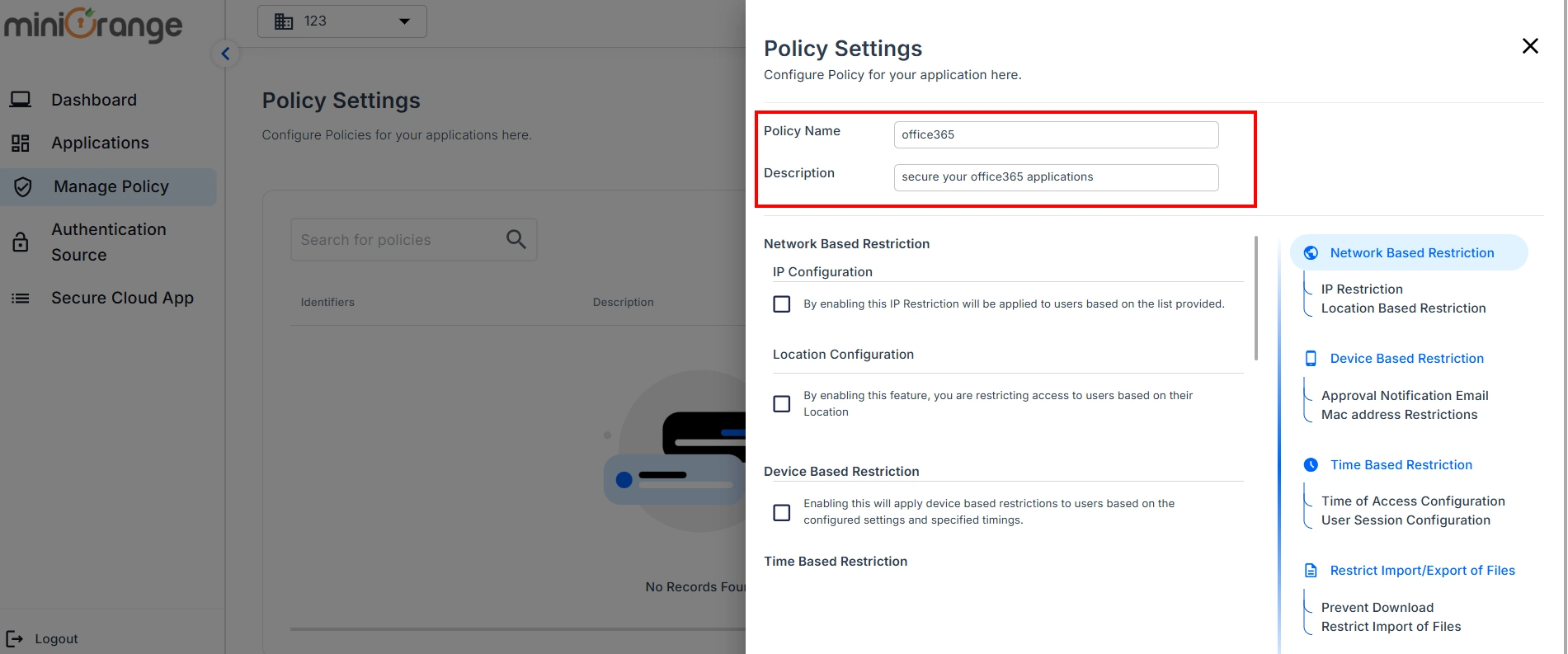 microsoft office365 CASB enter policy name and description for location restriction