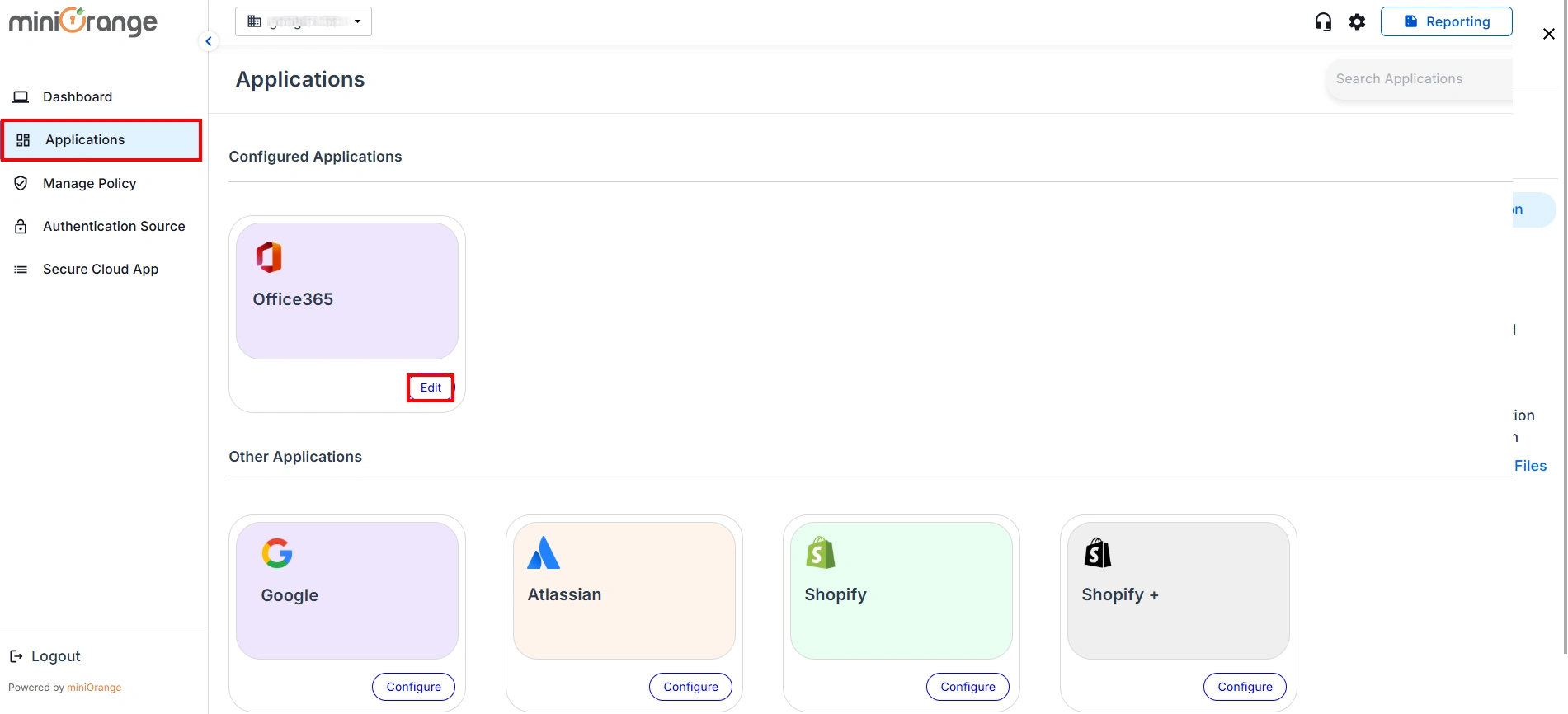 microsoft office365 CASB go to applications and edit