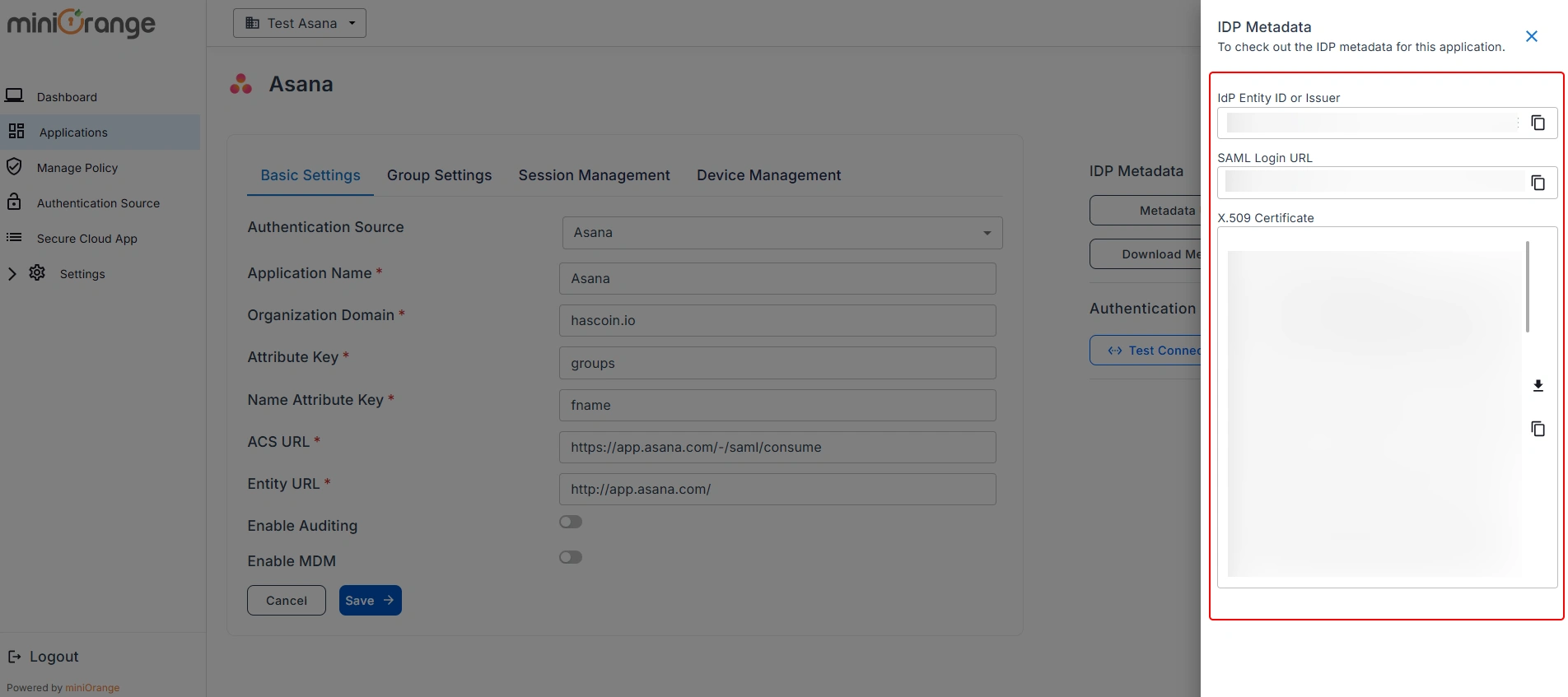 Asana workspace security CASB SAML Profile IDP Details