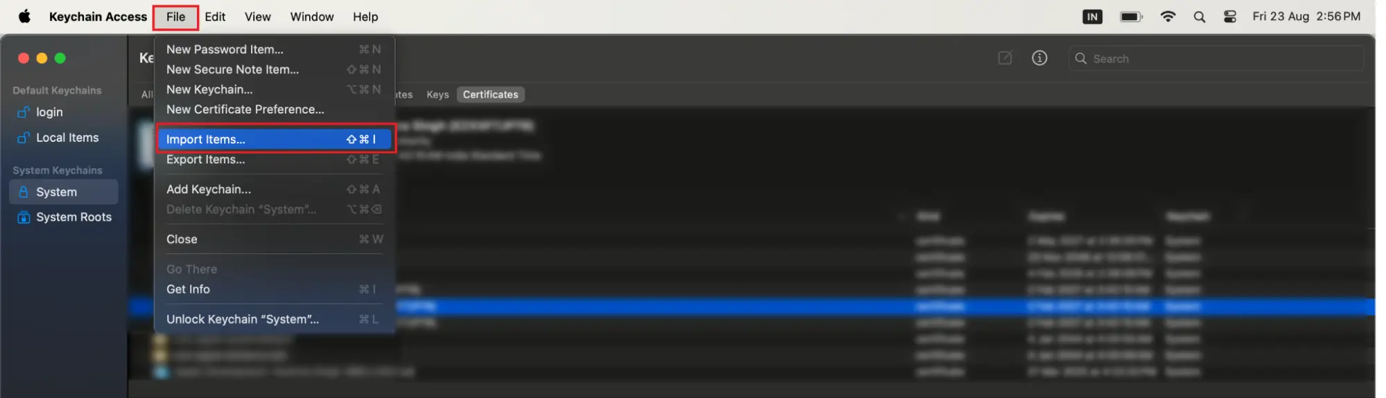 Mac select Import item files