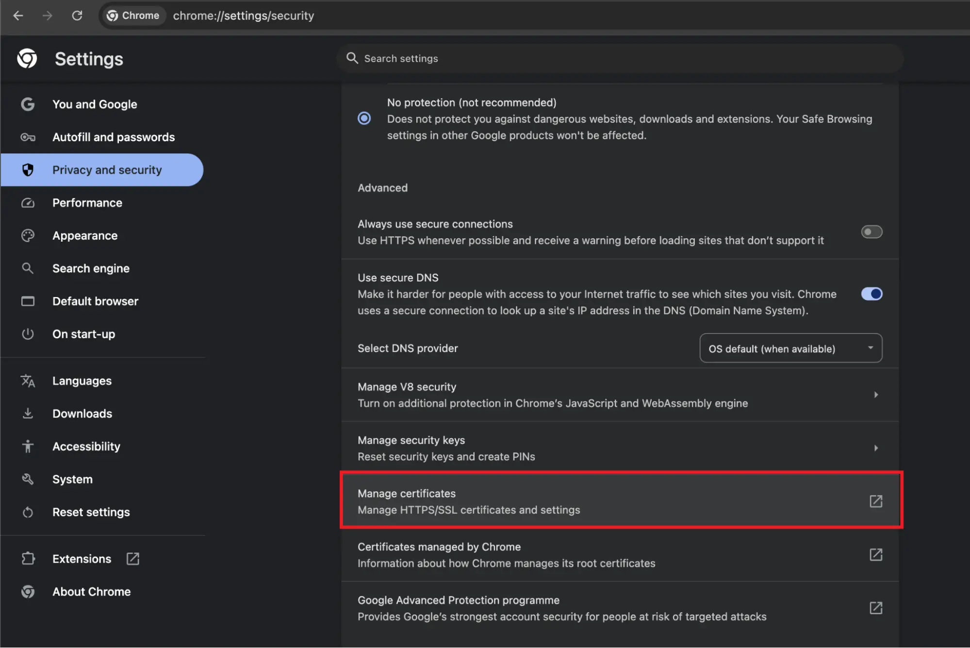 Settings Manage Certificates