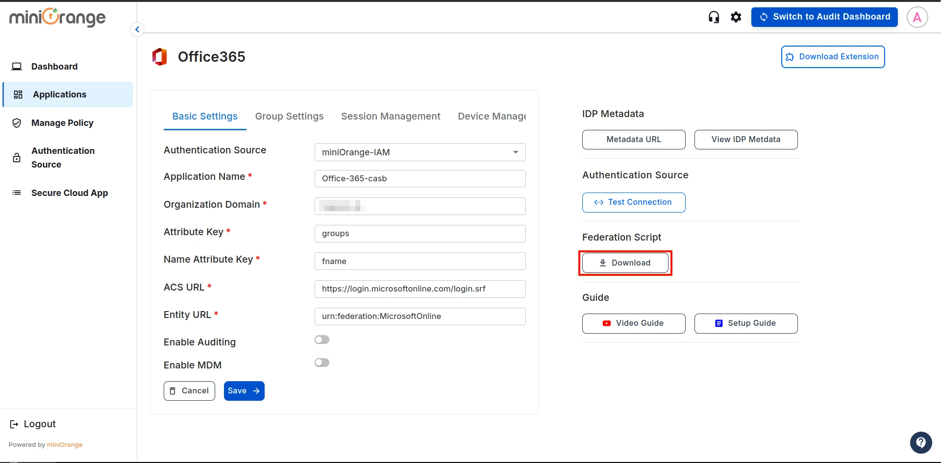 ecure Microsoft Office365 using CASB- federation script