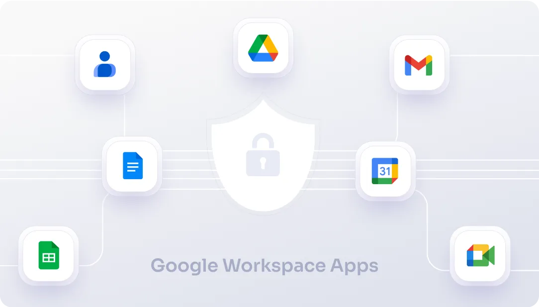 Google Workspace apps protected by CASB including Gmail, Drive, Docs, Sheets, Slides, Meet, Calendar, and Chat with security controls