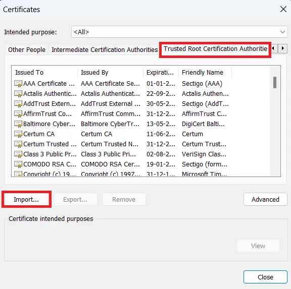 Trusted Root Certification Authorities