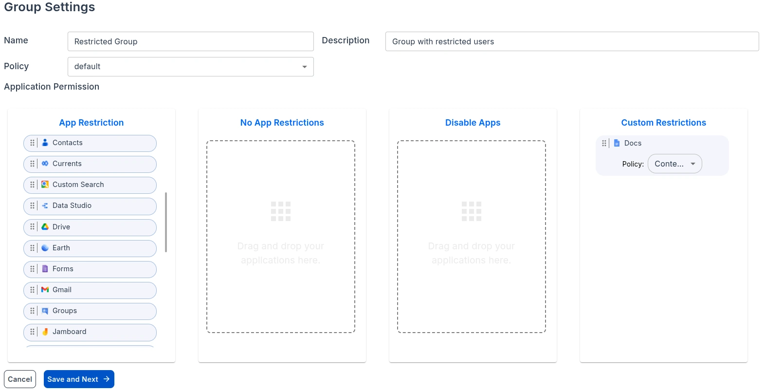 miniOrange CASB Group Settings for Google Docs File Restriction