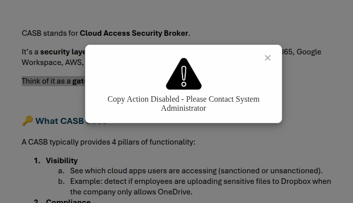 Microsoft Word Copy Action Disabled Warning Message - CASB Security Enforcement