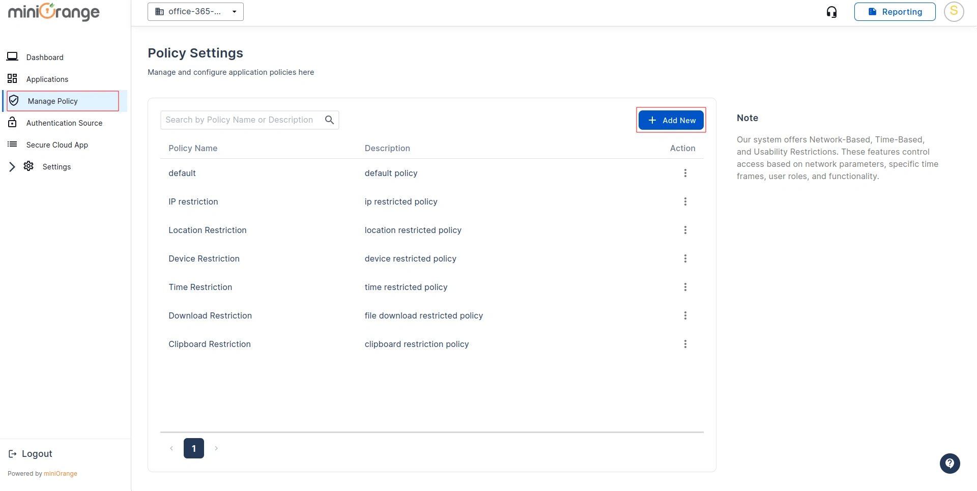 CASB Policy Management Interface Setting