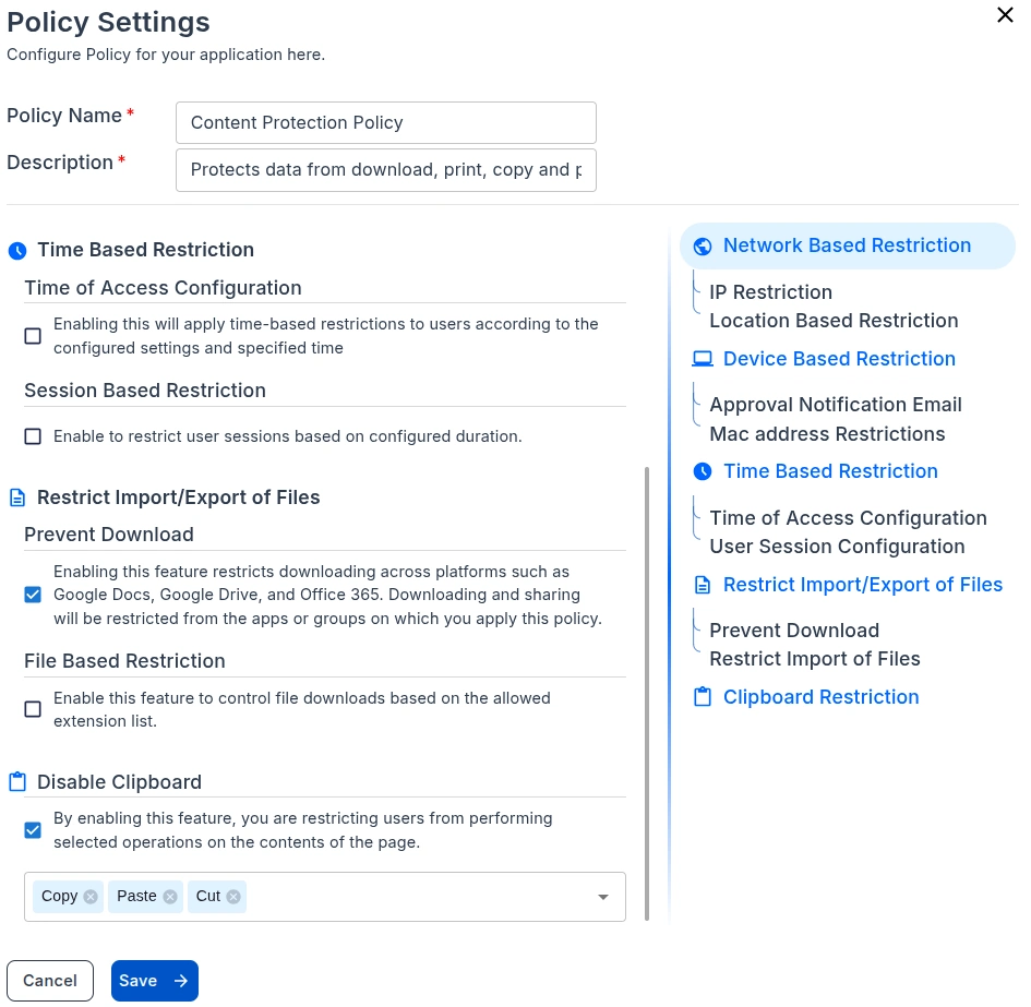 miniOrange CASB Policy Settings for File Restriction Configuration