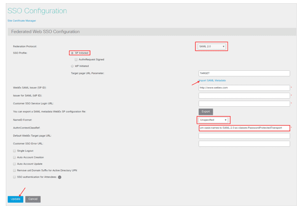 Cisco Webex Two-Factor Authentication (2FA/MFA): saml sso settings