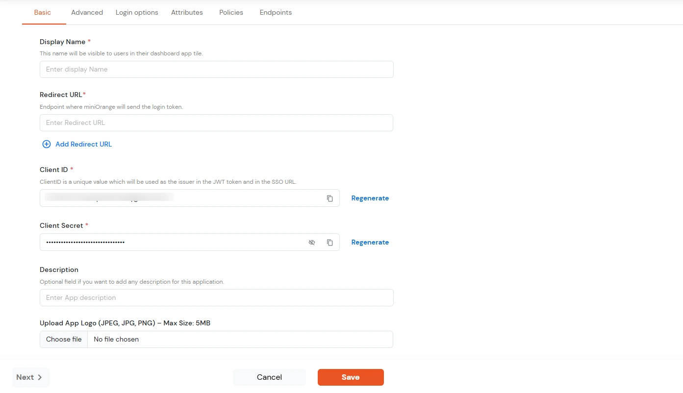 miniOrange Dashboard: Enter JWT app details