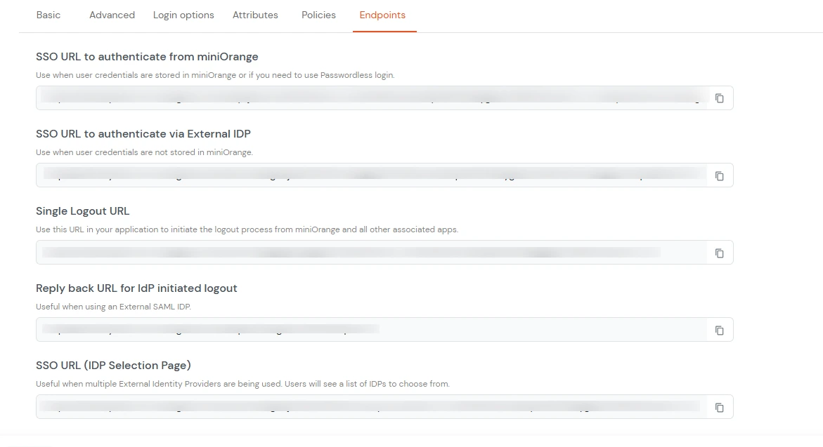 miniOrange Identity Platform Admin Handbook: Navigate to Endpoints and copy the following URLs