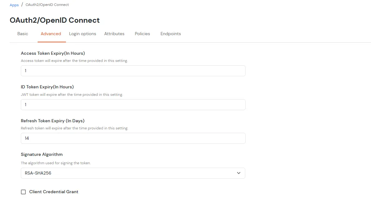 miniOrange Identity Platform Admin Handbook: Go to the Advanced tab to set token expiry times.