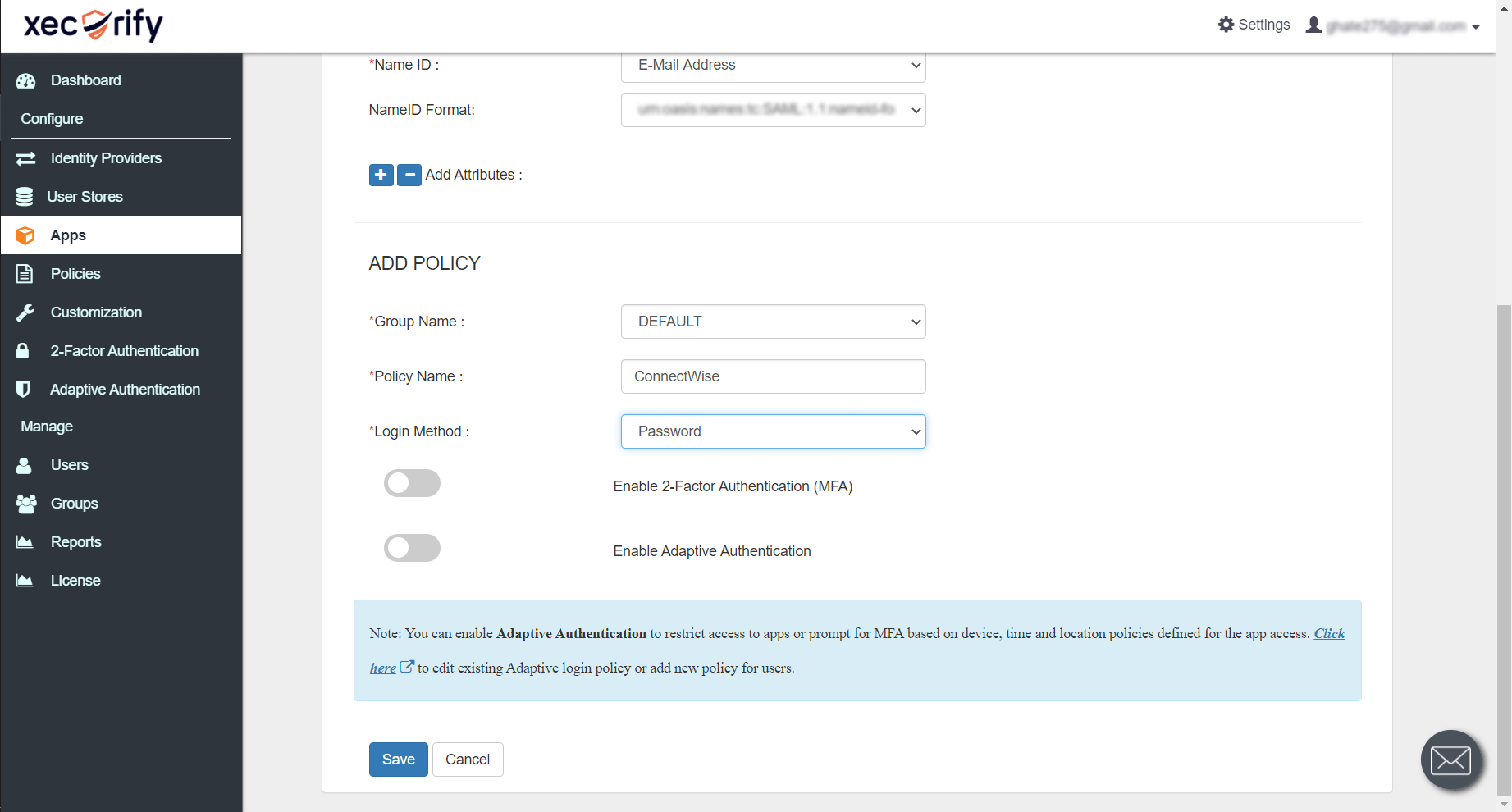 ConnectWise SSO: click on add policy