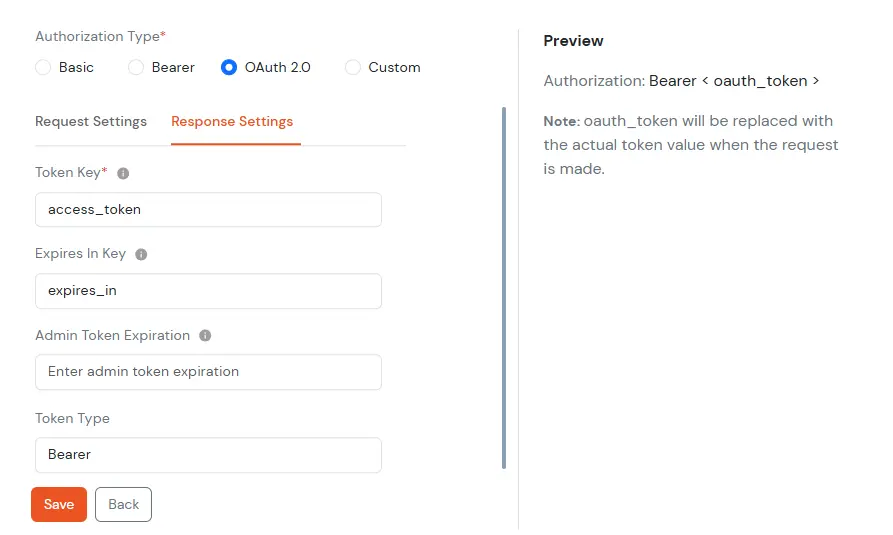 OAuth 2.0 Token Response Settings - Authorization Type OAuth