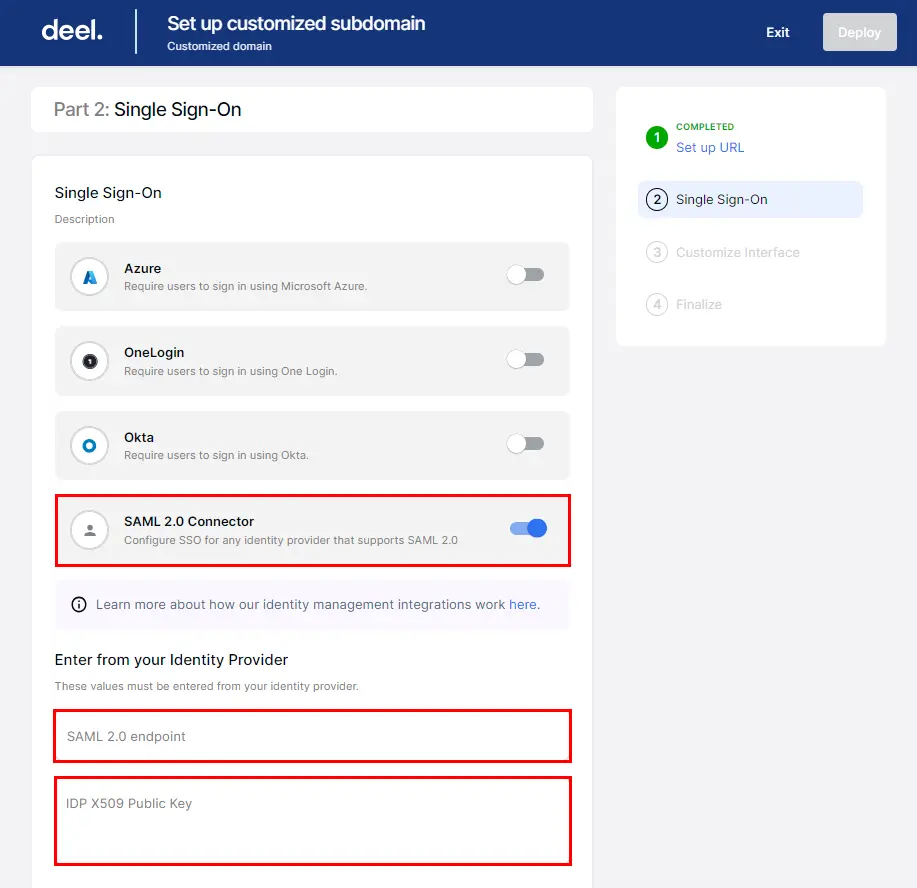 Deel SAML SSO Entity ID and ASC URL