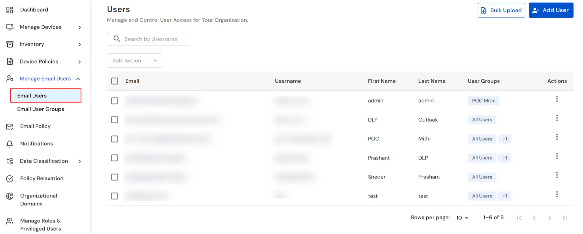 Email Users section showing synced Active Directory users in DLP dashboard
