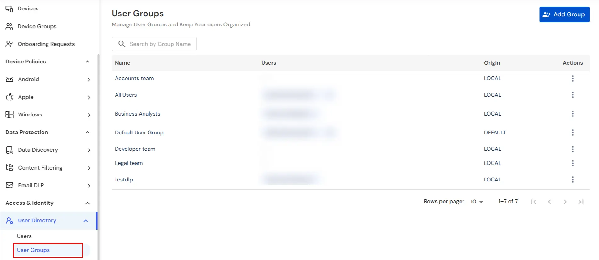 miniOrange DLP User Groups tab displaying synced Active Directory groups for policy assignment
