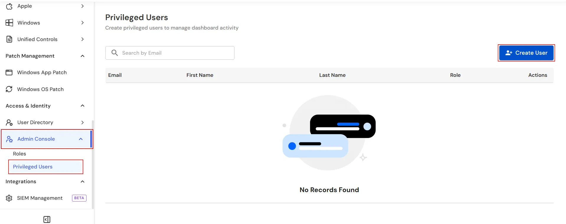 Create a privileged user in the Admin Console