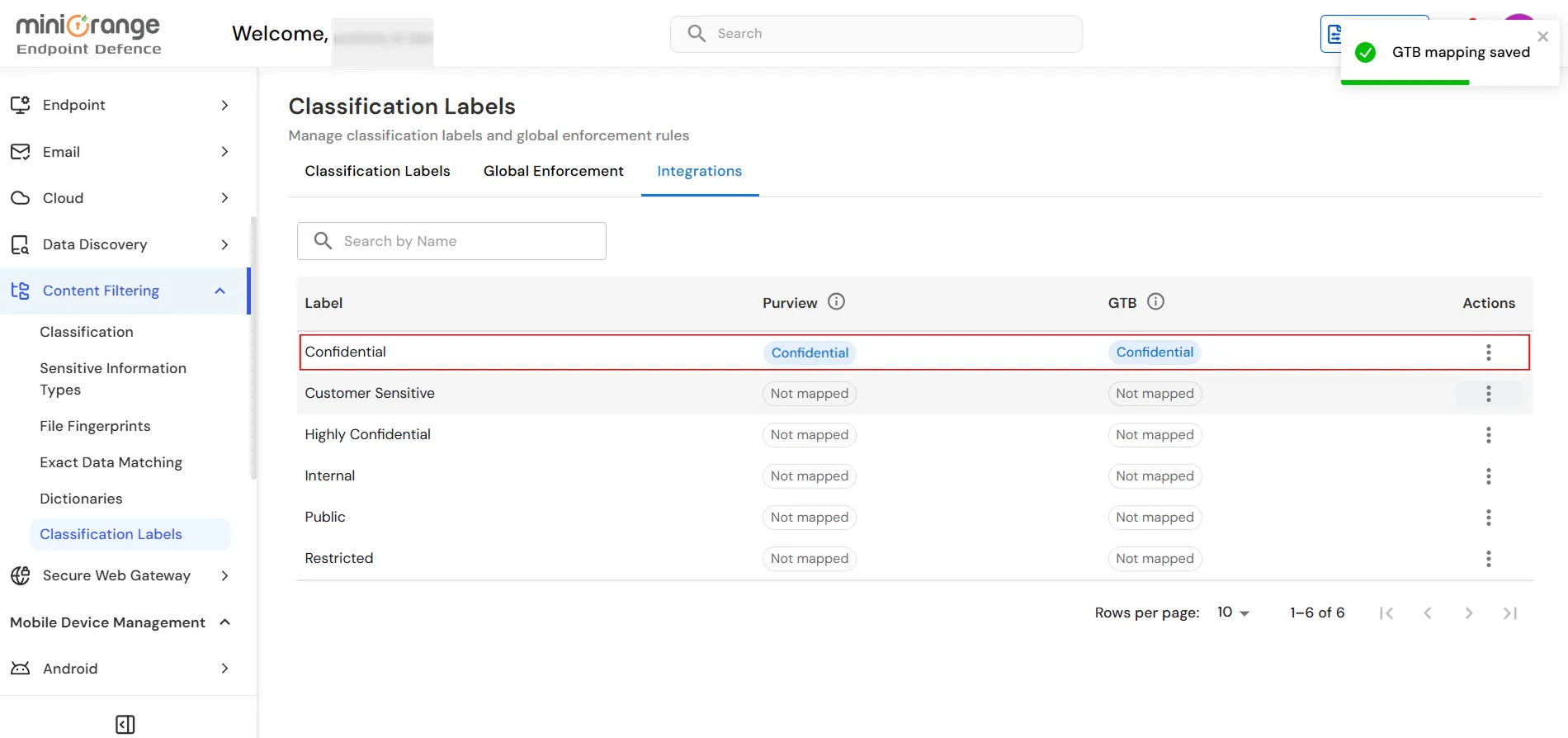 miniOrange Endpoint DLP Classification Labels Integrations tab showing saved GTB mapping