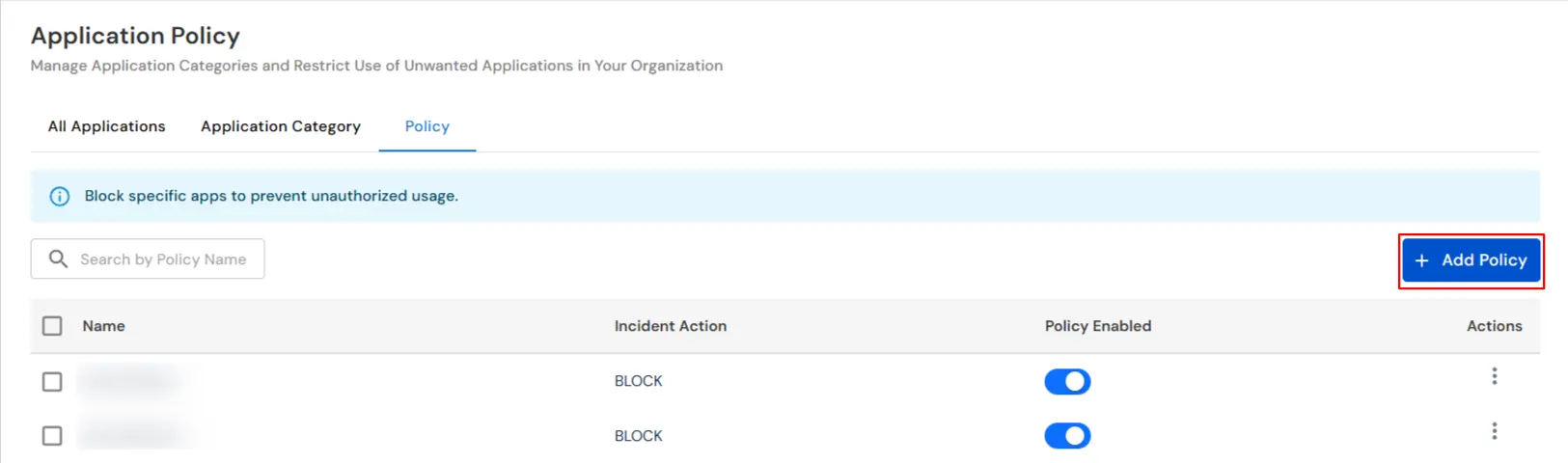Add Policy screen in Desktop Apps policy for creating and defining application blocking rules