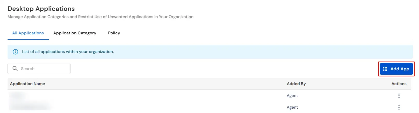 Add App button in the Desktop Apps section to add new applications for blocking policy