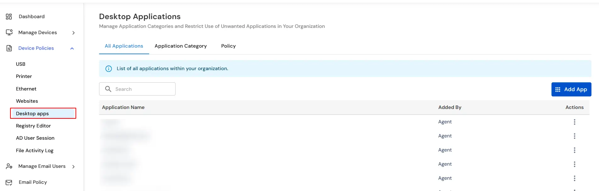 DLP Desktop Apps page showing list of applications for policy configuration