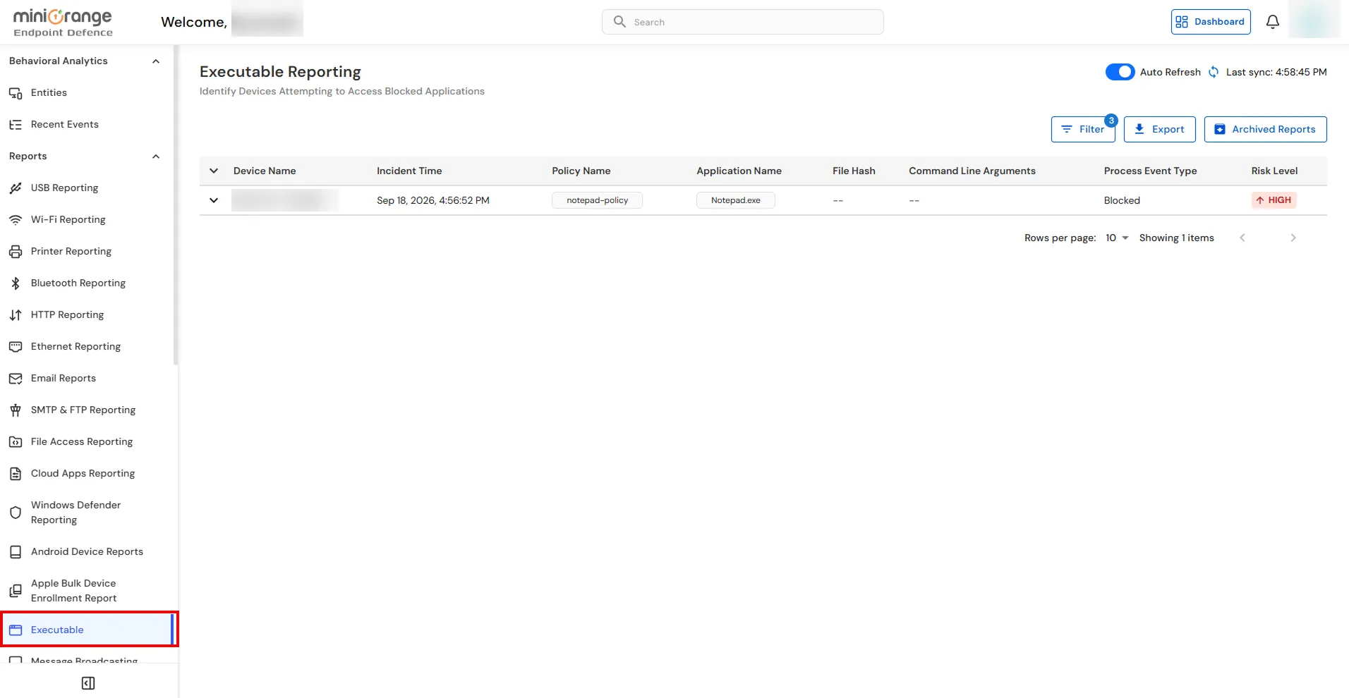 miniOrange DLP executable app policy executable tab