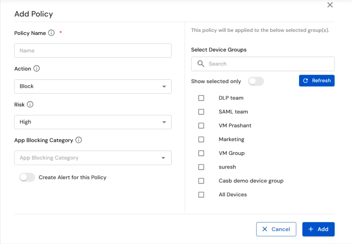 Policy details page showing saved application blocking policy with options for risk level, action, and alerts 