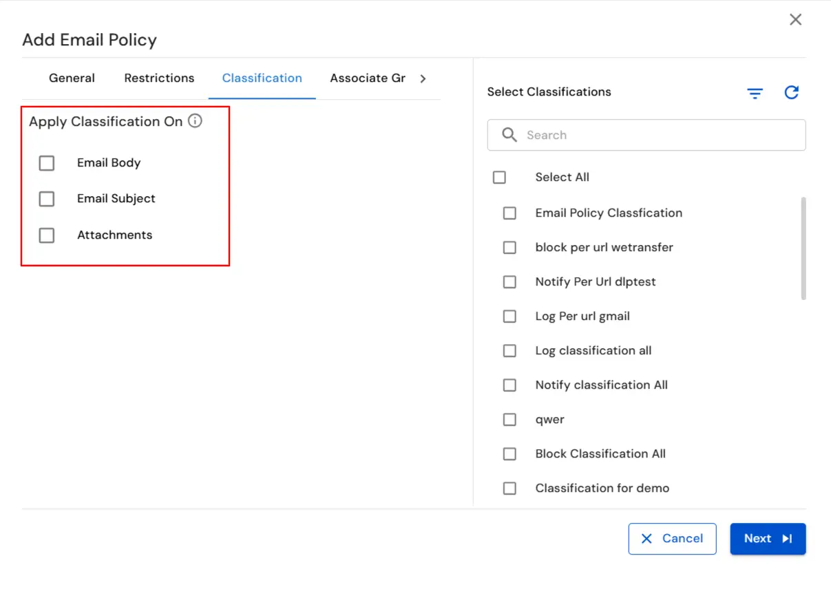 : Email DLP for Email Security  | Select Classification